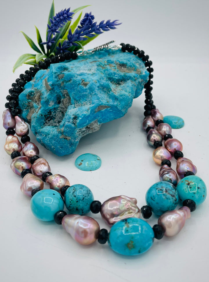 Beaded 2 strand necklace featuring spinel, baroque natural luster pearls, and Kingman turquoise nuggets. Available only from Rockstar Cowgirl online or in store in Cody, Wyoming.