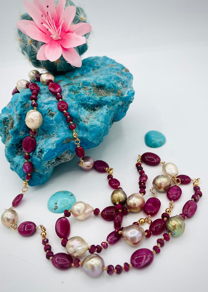Silk knotted treasure necklace featuring rubies and natural luster Edison pearls. Available only from Rockstar Cowgirl online or in store in Cody, Wyoming.