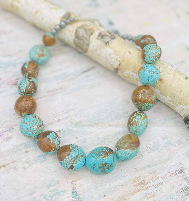Giant #8 turquoise nuggets and sterling silver beaded necklace. Available only from Rockstar Cowgirl online or in store in Cody, Wyoming.