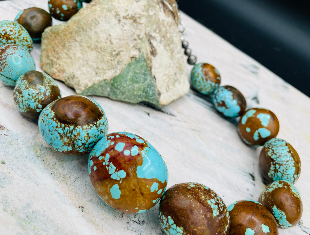 Giant #8 turquoise nuggets and sterling silver beaded necklace. Available only from Rockstar Cowgirl online or in store in Cody, Wyoming.