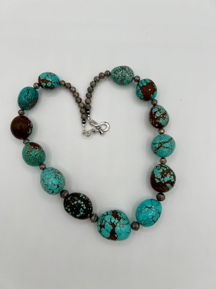 Necklace with large #8 turquoise nuggets and etched sterling silver beads.  Available only from Rockstar Cowgirl online or in store in Cody, Wyoming.