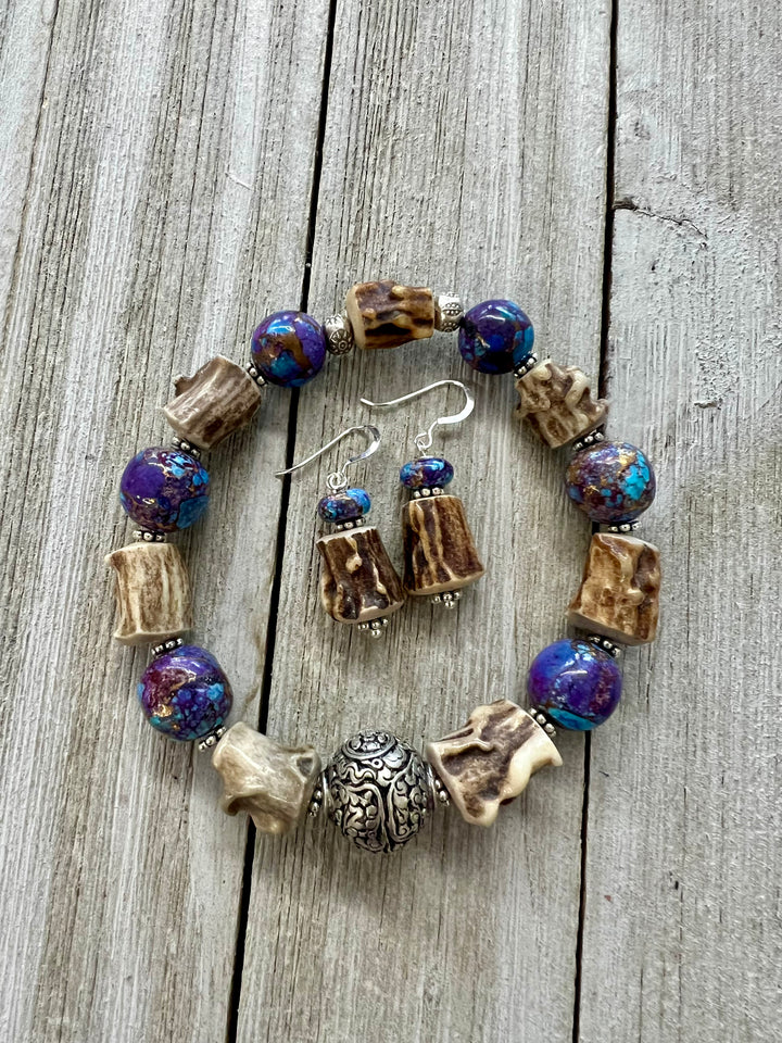 Bracelet set with matching earrings featuring purple Mojave turquoise, deer antler beads and sterling silver sprinkled throughout. Available only from Rockstar Cowgirl online or in store in Cody, Wyoming.