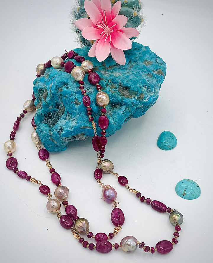 Silk knotted treasure necklace featuring rubies and natural luster Edison pearls. Available only from Rockstar Cowgirl online or in store in Cody, Wyoming.