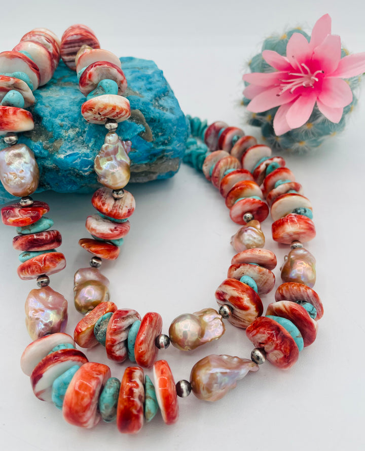 2 strand beaded necklace featuring chunky spiney oyster discs, natural luster flameball pearls, Sonoran turquoise, and sterling silver beads. Available only from Rockstar Cowgirl online or in store in Cody, Wyoming.
