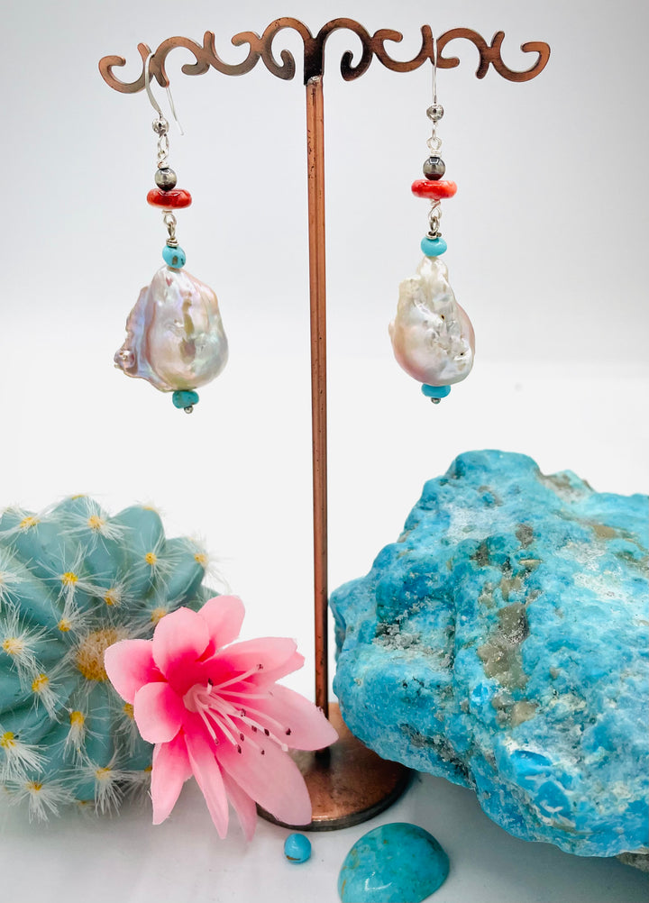 Flameball baroque pearl earrings with Sonoran turquoise, spinel oyster, and sterling silver Navajo pearl beads. Available only from Rockstar Cowgirl online or in store in Cody, Wyoming.