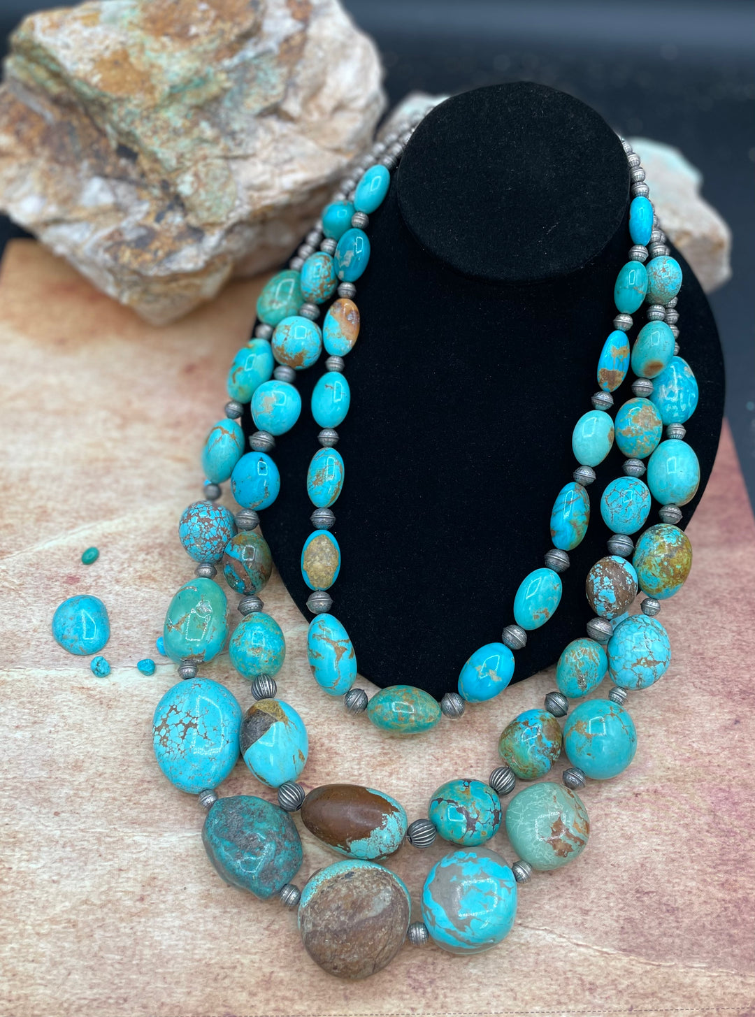 Decadent 3 strand necklace of large #8 turquoise nuggets and etched sterling silver beads. Available only from Rockstar Cowgirl online or in store in Cody, Wyoming.