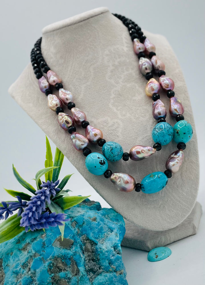 Beaded 2 strand necklace featuring spinel, baroque natural luster pearls, and Kingman turquoise nuggets. Available only from Rockstar Cowgirl online or in store in Cody, Wyoming.
