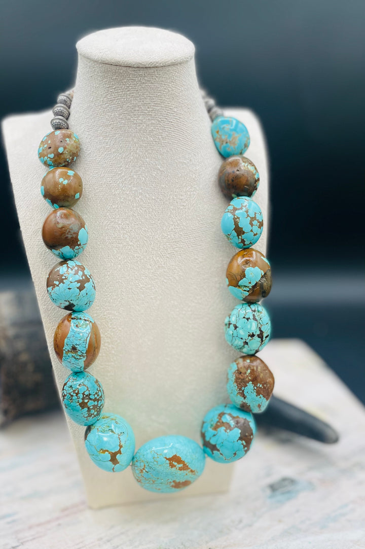 Giant #8 turquoise nuggets and sterling silver beaded necklace. Available only from Rockstar Cowgirl online or in store in Cody, Wyoming.
