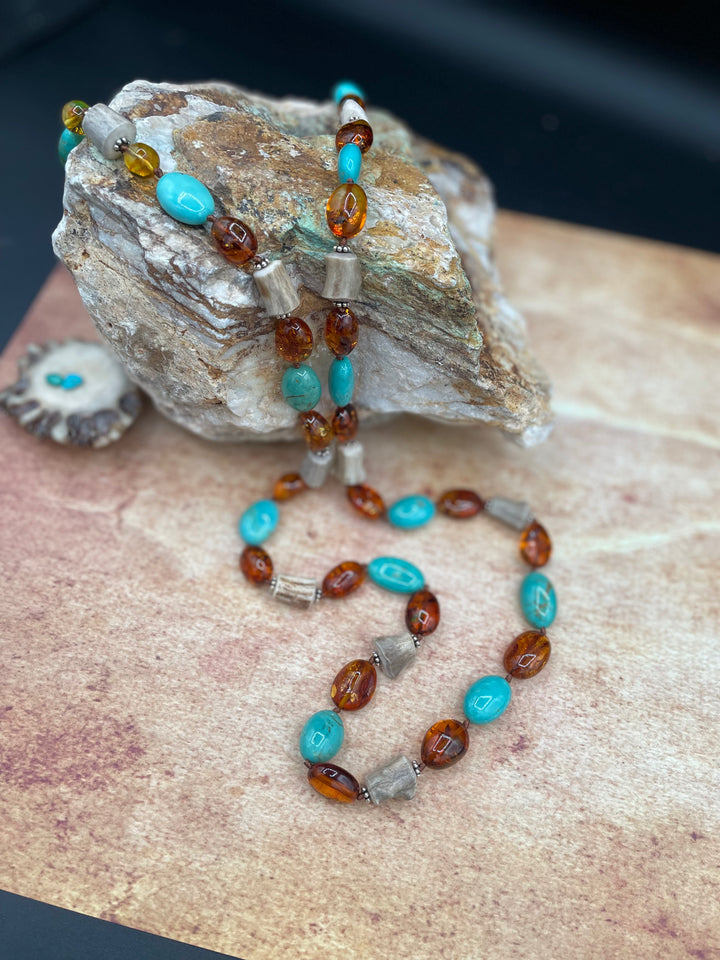 Baltic Amber, Antler and Turquoise Nugget Wrap Necklace Set