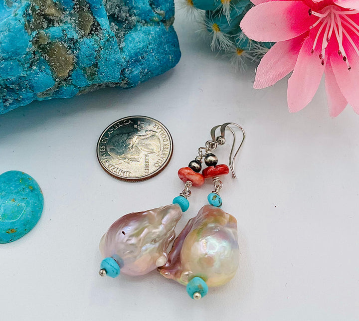 Flameball baroque pearl earrings with Sonoran turquoise, spinel oyster, and sterling silver Navajo pearl beads. U.S. quarter for size reference. Available only from Rockstar Cowgirl online or in store in Cody, Wyoming.