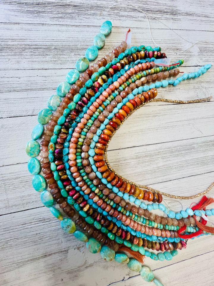 Bead box featuring Sonoran turquoise, cherry quartz, moonstone, galaxy tigers eye, sunstone, and mookaite strands. Available only from Rockstar Cowgirl online or in store in Cody, Wyoming.