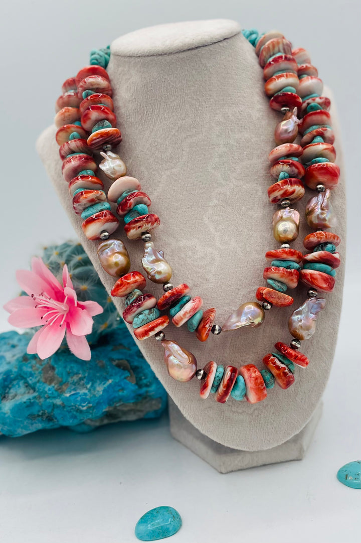 2 strand beaded necklace featuring chunky spiney oyster discs, natural luster flameball pearls, Sonoran turquoise, and sterling silver beads. Available only from Rockstar Cowgirl online or in store in Cody, Wyoming.
