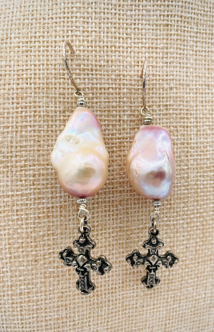 Natural luster baroque large flameball pearl earrings with vintage sterling silver charms. Available only from Rockstar Cowgirl online or in store in Cody, Wyoming.