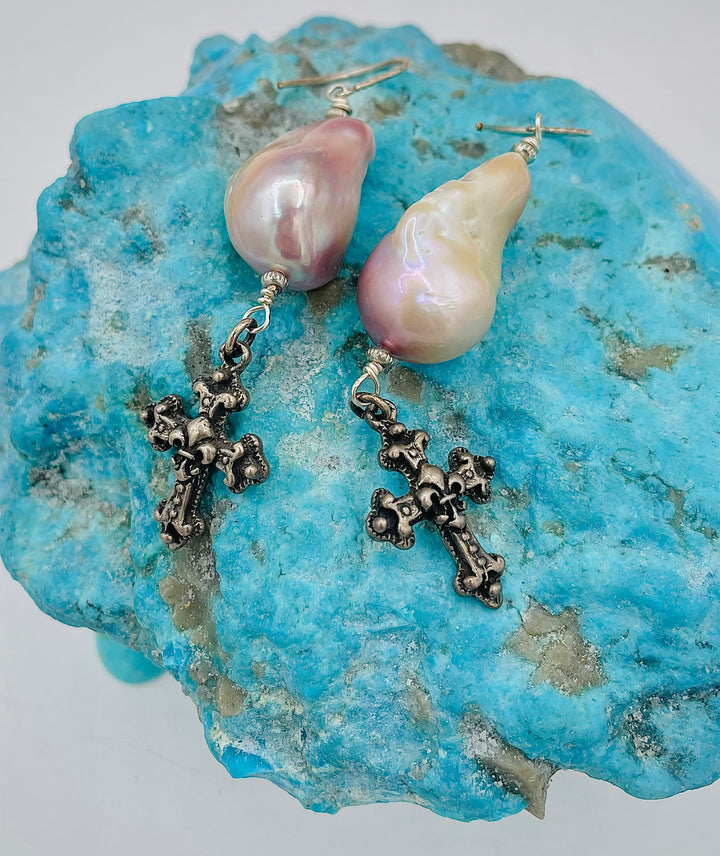 Natural luster baroque large flameball pearl earrings with vintage sterling silver charms. Available only from Rockstar Cowgirl online or in store in Cody, Wyoming.