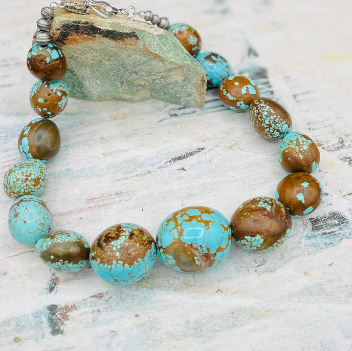 Giant #8 turquoise nuggets and sterling silver beaded necklace. Available only from Rockstar Cowgirl online or in store in Cody, Wyoming.