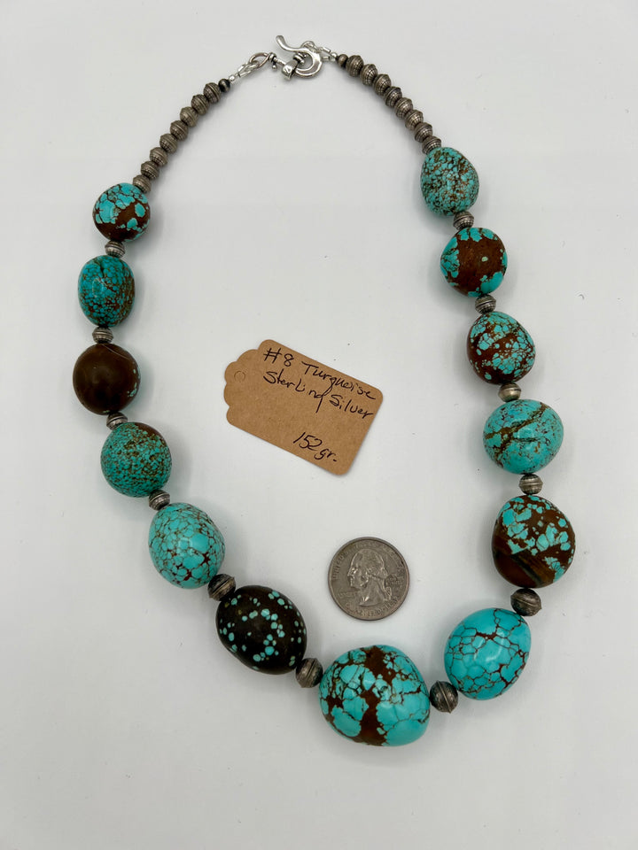 Necklace with large #8 turquoise nuggets and etched sterling silver beads. U.S. quarter for size reference. Available only from Rockstar Cowgirl online or in store in Cody, Wyoming.