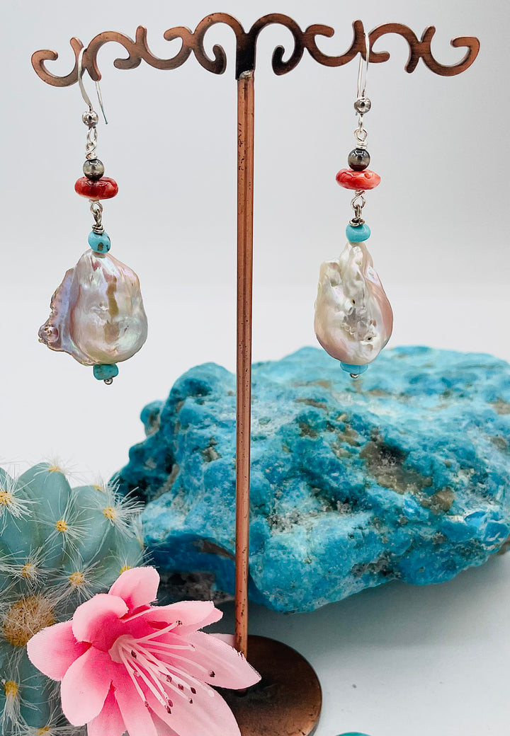Flameball baroque pearl earrings with Sonoran turquoise, spinel oyster, and sterling silver Navajo pearl beads. Available only from Rockstar Cowgirl online or in store in Cody, Wyoming.