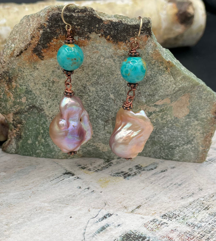 Kingman turquoise, natural luster baroque pearls, knobby deer antler beads, and copper lava beaded necklace with matching earrings. Available only from Rockstar Cowgirl online or in store in Cody, Wyoming.