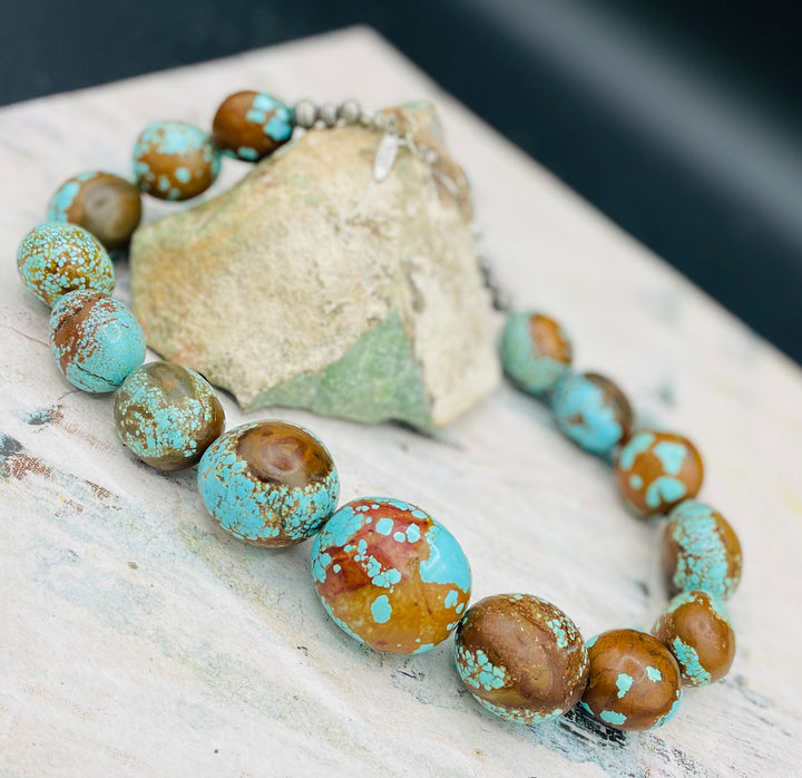 Giant #8 turquoise nuggets and sterling silver beaded necklace. Available only from Rockstar Cowgirl online or in store in Cody, Wyoming.