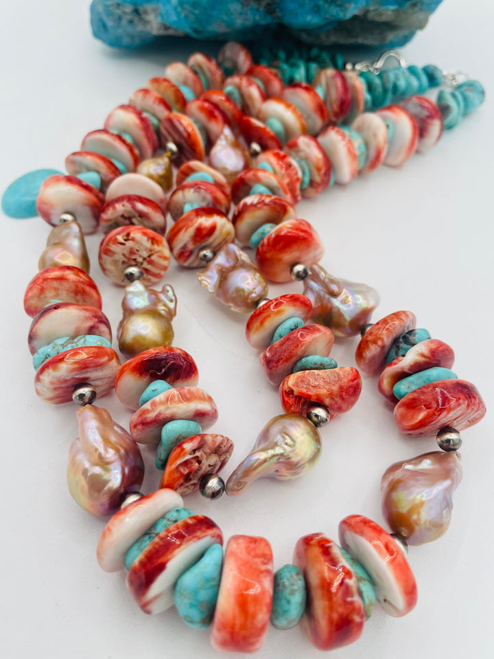 2 strand beaded necklace featuring chunky spiney oyster discs, natural luster flameball pearls, Sonoran turquoise, and sterling silver beads. Available only from Rockstar Cowgirl online or in store in Cody, Wyoming.