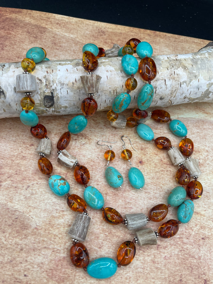 Baltic Amber, Antler and Turquoise Nugget Wrap Necklace Set