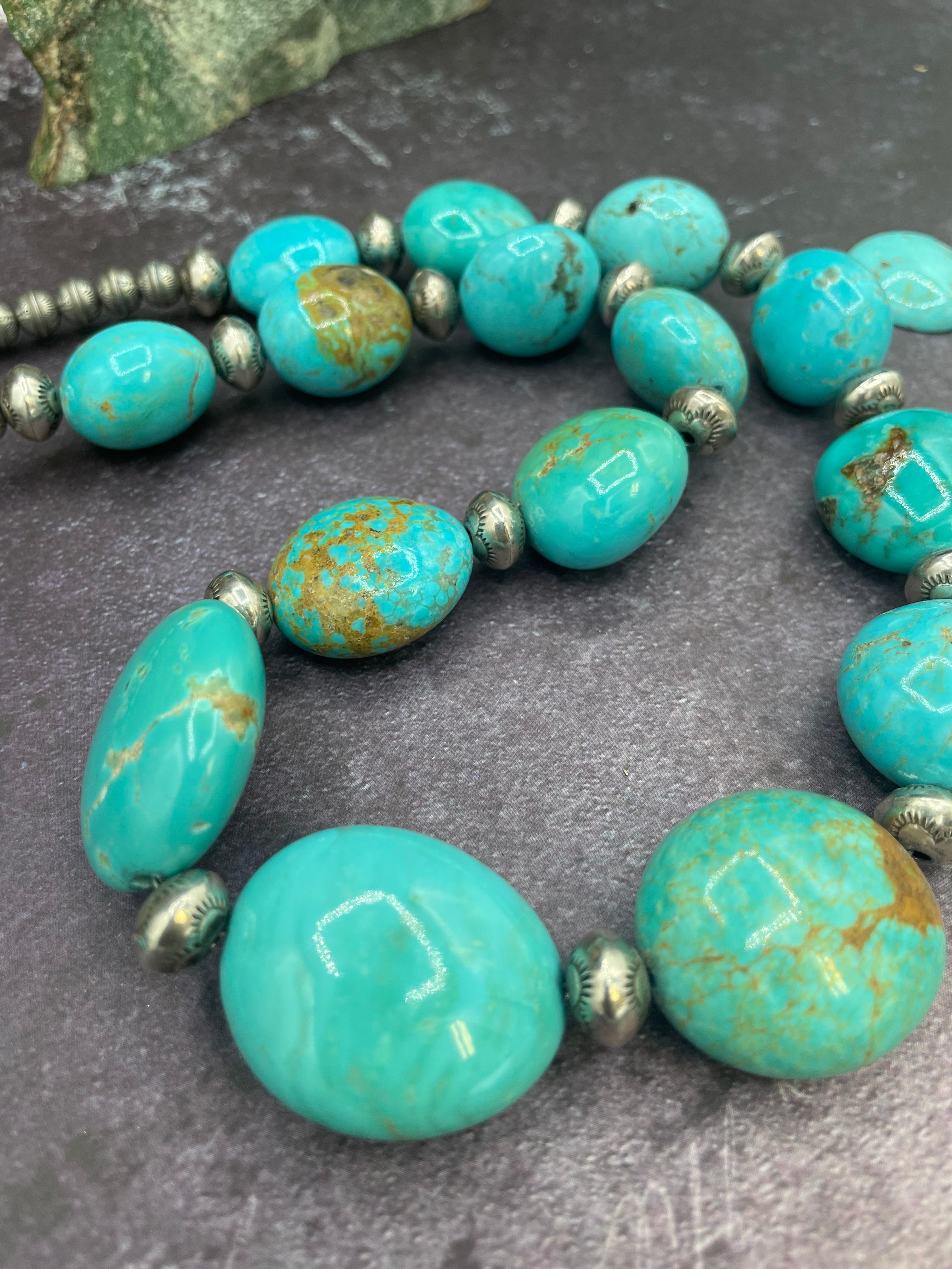 A close up of the golden matrix and the etching in the sterling silver beads in this necklace available only from Rockstar Cowgirl online or in store in Cody, Wyoming.
