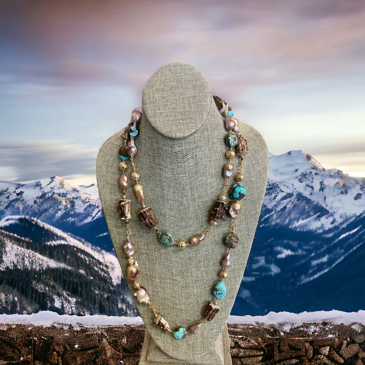 Number 8 Turquoise, Baroque Pearl and Antler Set on Silk *SOLD*