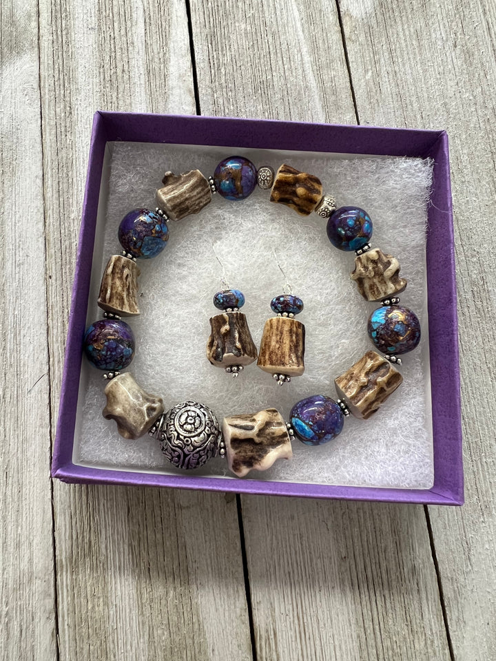 Bracelet set with matching earrings featuring purple Mojave turquoise, deer antler beads and sterling silver sprinkled throughout. Available only from Rockstar Cowgirl online or in store in Cody, Wyoming.
