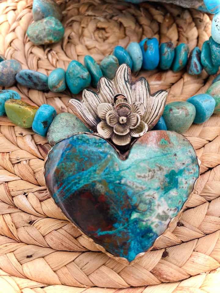Chunky beaded turquoise necklace with Tibetan silver and chrysocolla pendent. Available only from Rockstar Cowgirl online or in Cody, Wyoming. 