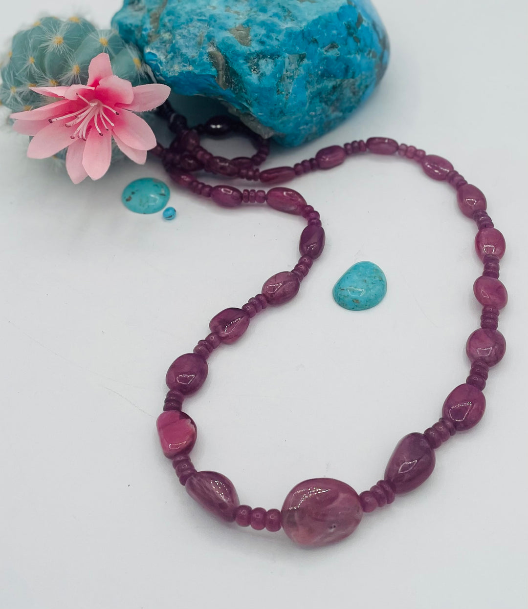 Long beaded necklace featuring natura ruby nuggets and rondelles. Available only from Rockstar Cowgirl online or in store in Cody, Wy.