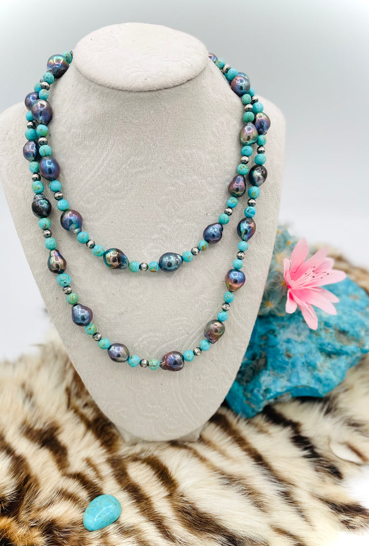 Beaded invention necklace featuring Kingman turquoise, peacock pearls, sterling silver beads, sterling silver swivel lobsters, eyeglass loops, and cell phone case attachment bracket. Available only from Rockstar Cowgirl online or in store in Cody, Wyoming. 