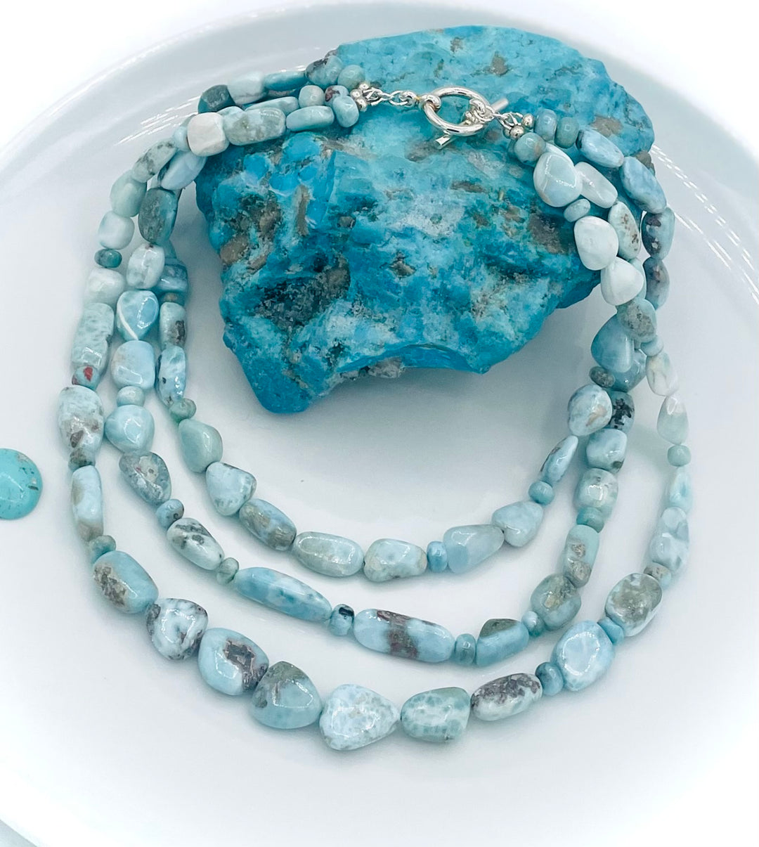 Beaded 3 strand necklace featuring Larimar nuggets and rondelles. Available only from Rockstar Cowgirl online or in store in Cody, Wyoming.