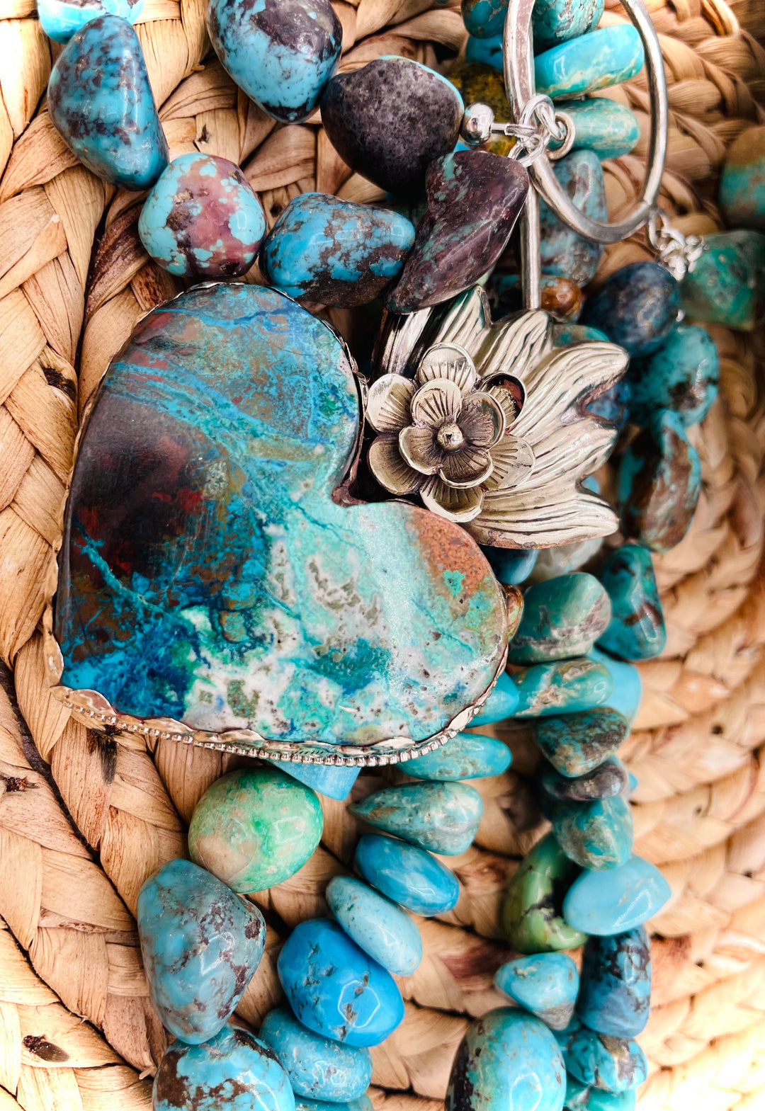 Chunky beaded turquoise necklace with Tibetan silver and chrysocolla pendent. Available only from Rockstar Cowgirl online or in Cody, Wyoming. 