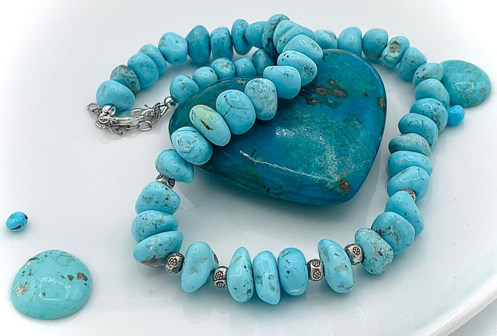 Handmade beaded necklace featuring Campitos center drilled turquoise nuggets and sterling silver beads. Available only from Rockstar Cowgirl online or in store in Cody, Wyoming.