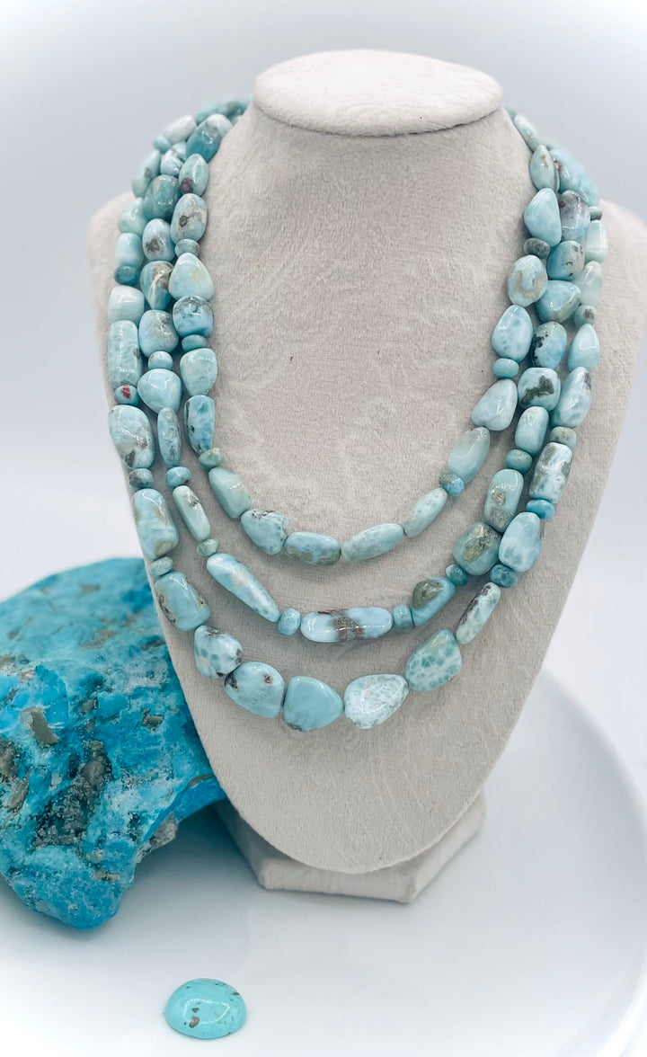 Beaded 3 strand necklace featuring Larimar nuggets and rondelles. Available only from Rockstar Cowgirl online or in store in Cody, Wyoming.