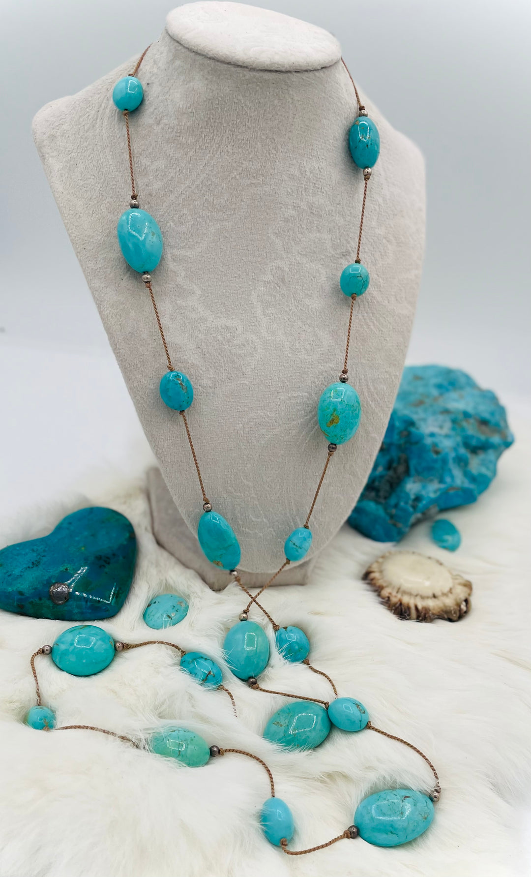 Silk knotted necklace featuring Kingman turquoise nuggets and sterling silver rounds on silk cord. Available only from Rockstar Cowgirl online or in store in Cody, Wyoming.