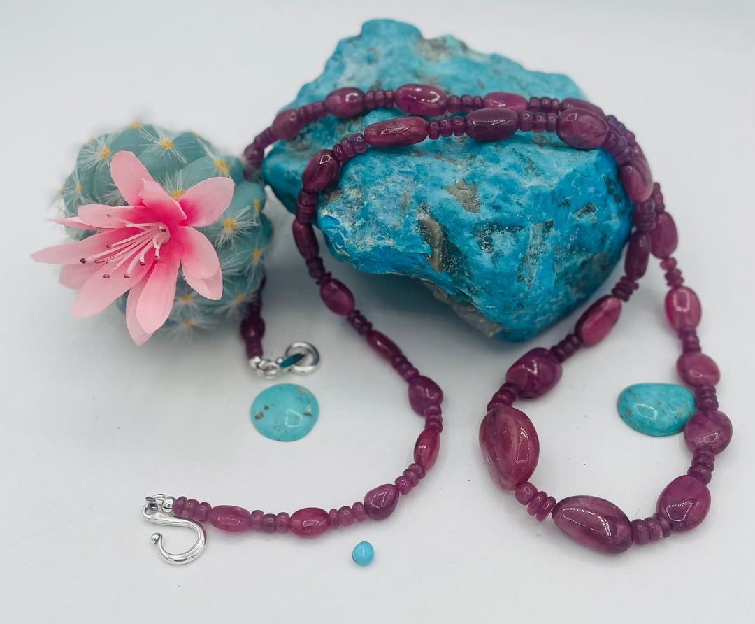 Long beaded necklace featuring natura ruby nuggets and rondelles. Available only from Rockstar Cowgirl online or in store in Cody, Wy.