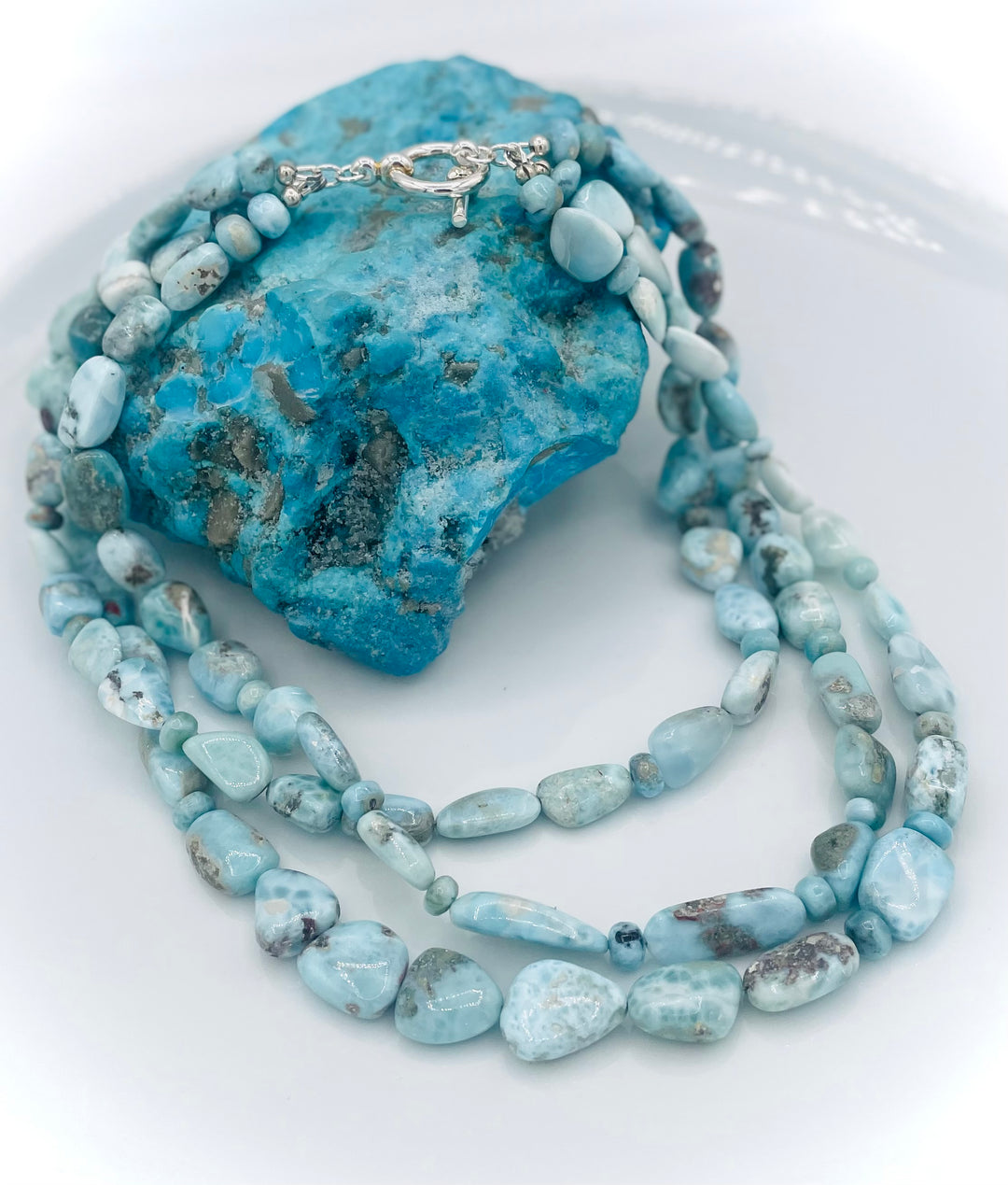 Beaded 3 strand necklace featuring Larimar nuggets and rondelles. Available only from Rockstar Cowgirl online or in store in Cody, Wyoming.