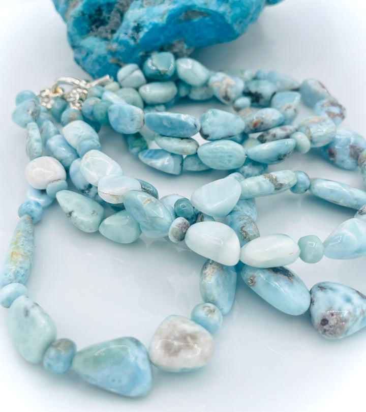 Beaded 3 strand necklace featuring Larimar nuggets and rondelles. Available only from Rockstar Cowgirl online or in store in Cody, Wyoming.