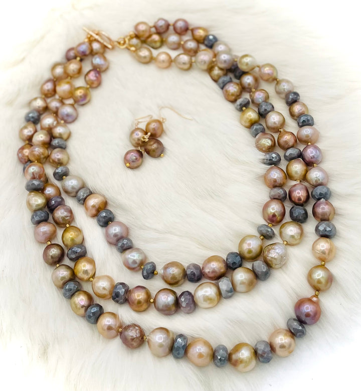 Beaded 2 strand necklace featuring natural luster pearls, grey silverite, and bronze accents with matching earrings. Available only from Rockstar Cowgirl online or in store in Cody, Wyoming.