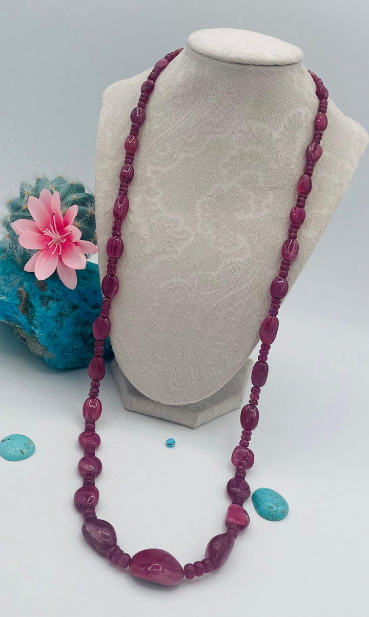 Long beaded necklace featuring natura ruby nuggets and rondelles. Available only from Rockstar Cowgirl online or in store in Cody, Wy.