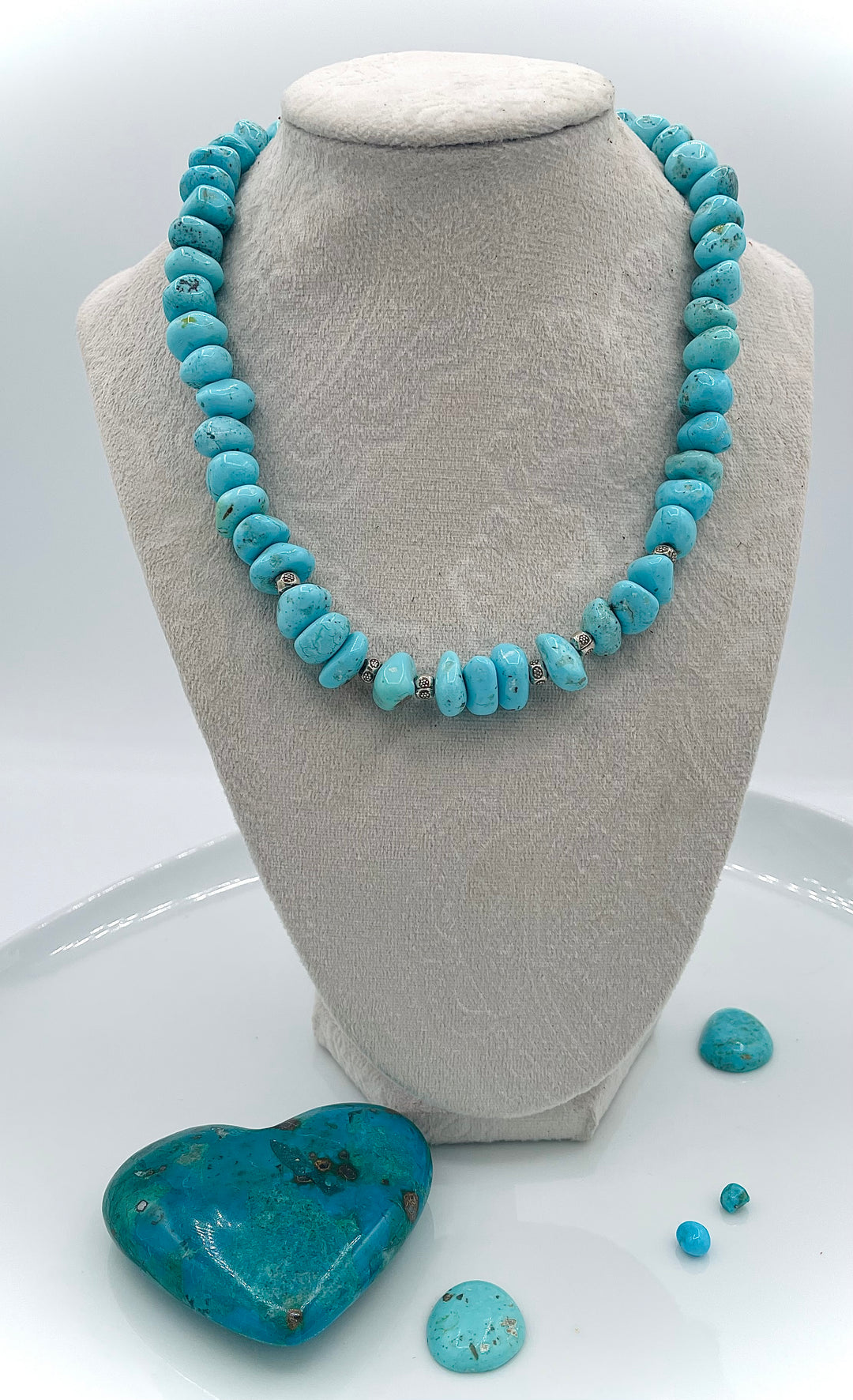 Handmade beaded necklace featuring Campitos center drilled turquoise nuggets and sterling silver beads. Available only from Rockstar Cowgirl online or in store in Cody, Wyoming.