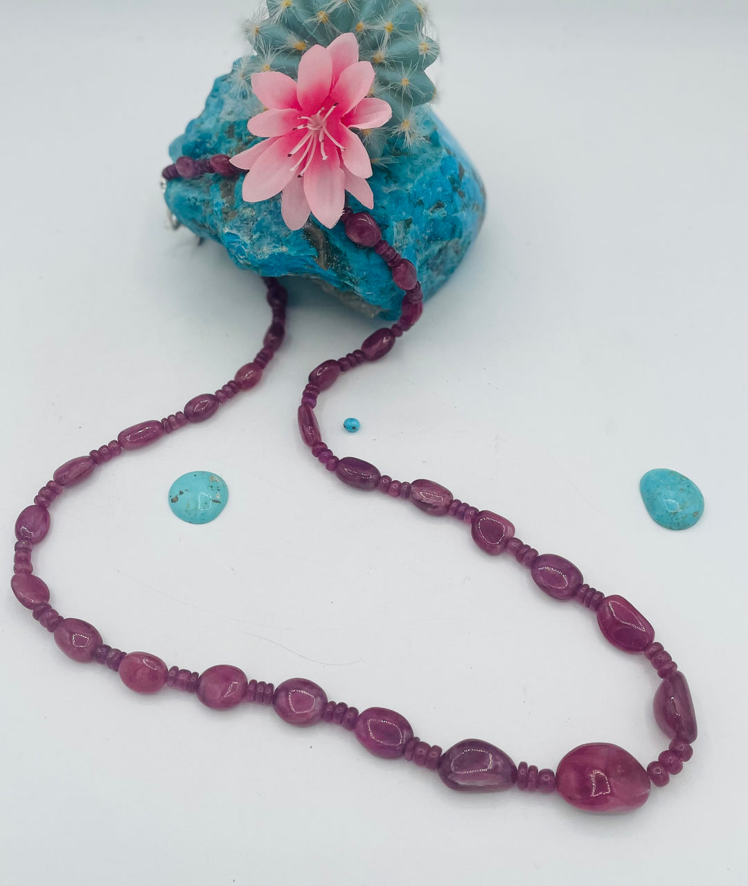 Long beaded necklace featuring natura ruby nuggets and rondelles. Available only from Rockstar Cowgirl online or in store in Cody, Wy.