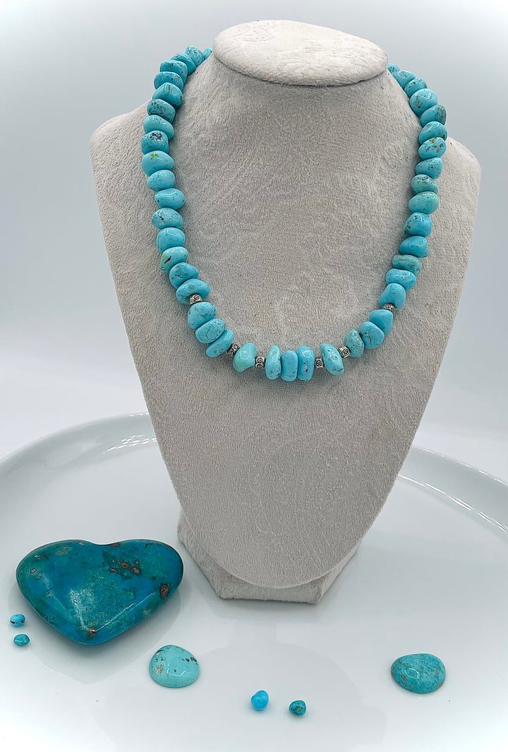 Handmade beaded necklace featuring Campitos center drilled turquoise nuggets and sterling silver beads. Available only from Rockstar Cowgirl online or in store in Cody, Wyoming.