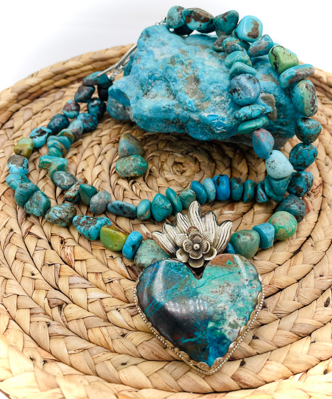 Chunky beaded turquoise necklace with Tibetan silver and chrysocolla pendent. Available only from Rockstar Cowgirl online or in Cody, Wyoming. 
