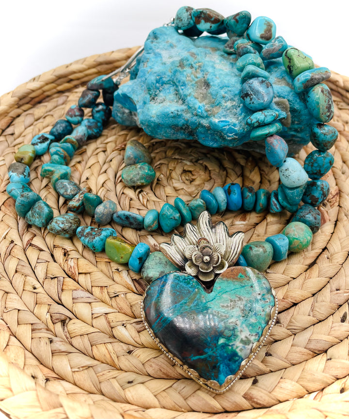 Chunky beaded turquoise necklace with Tibetan silver and chrysocolla pendent. Available only from Rockstar Cowgirl online or in Cody, Wyoming. 