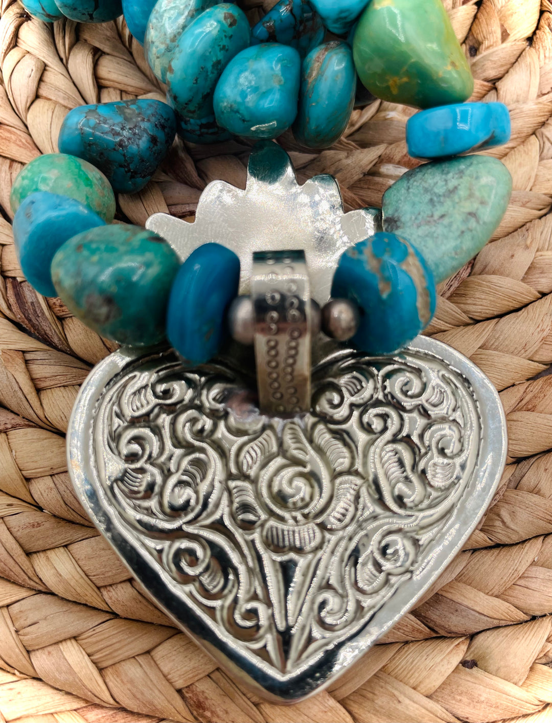 Chunky beaded turquoise necklace with Tibetan silver and chrysocolla pendent. Available only from Rockstar Cowgirl online or in Cody, Wyoming. 