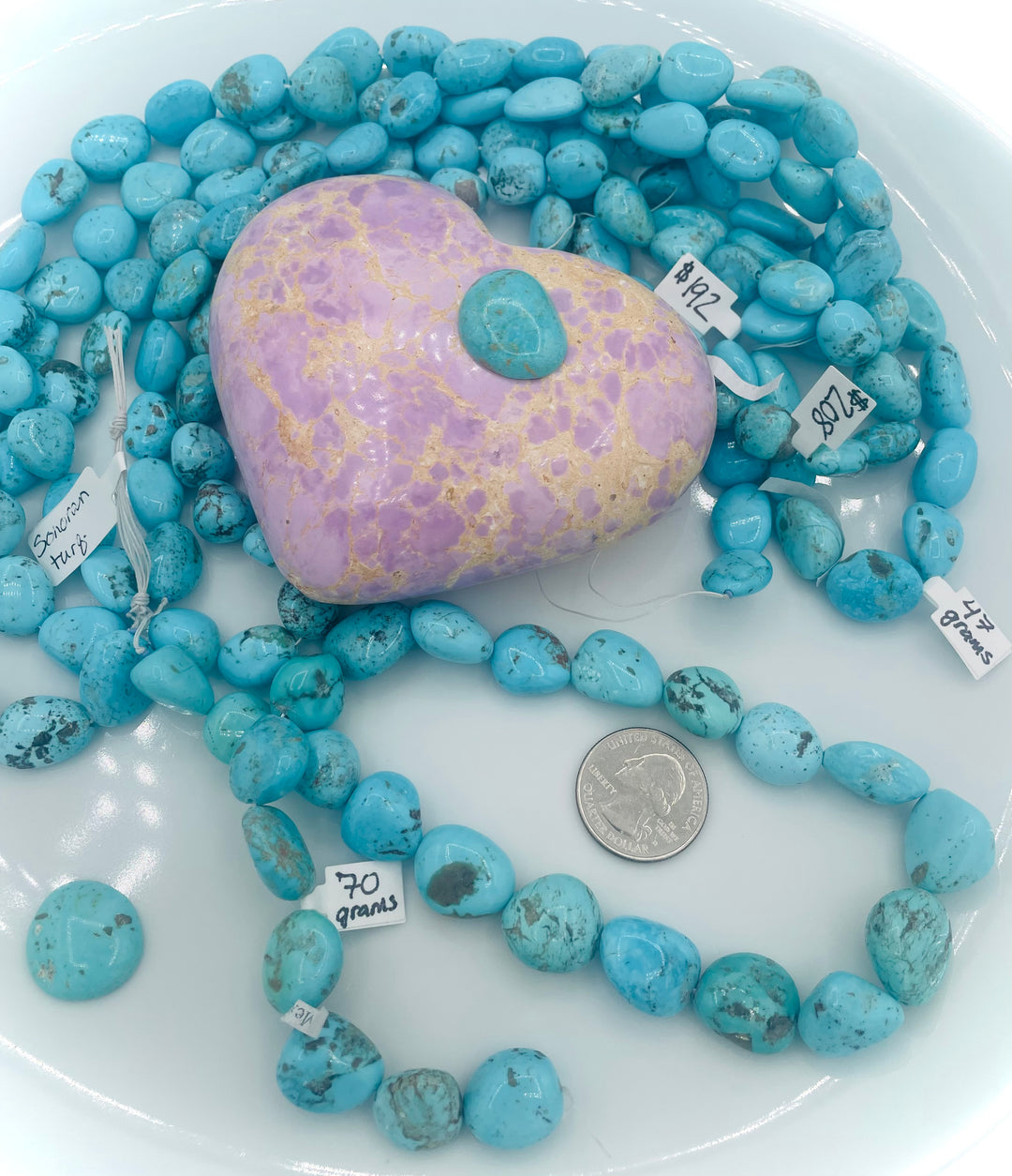 Campitos turquoise nuggets 16 inch bead strand. U.S. quarter for size reference. Available only from Rockstar Cowgirl online or in store in Cody, Wyoming.
