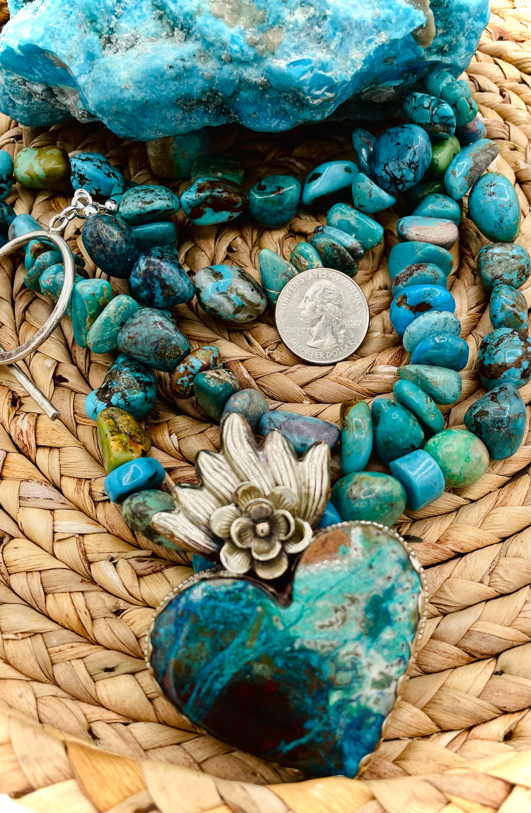 Chunky beaded turquoise necklace with Tibetan silver and chrysocolla pendent. U. S. Quarter for size reference. Available only from Rockstar Cowgirl online or in Cody, Wyoming. 