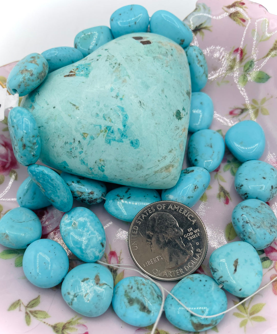 Campitos turquoise nuggets 16 inch bead strand. U.S. quarter for size reference. Available only from Rockstar Cowgirl online or in store in Cody, Wyoming.